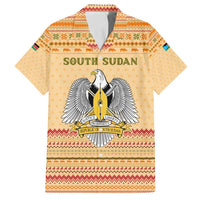 South Sudan Christmas Family Matching Off Shoulder Short Dress and Hawaiian Shirt with Beige Tribal Pattern, National Emblem, and Green Star Motif - Wonder Print Shop