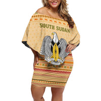 South Sudan Christmas Family Matching Off Shoulder Short Dress and Hawaiian Shirt with Beige Tribal Pattern, National Emblem, and Green Star Motif - Wonder Print Shop