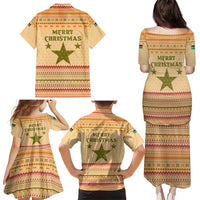 South Sudan Christmas Family Matching Puletasi and Hawaiian Shirt with Beige Tribal Pattern, National Emblem, and Green Star Motif - Wonder Print Shop