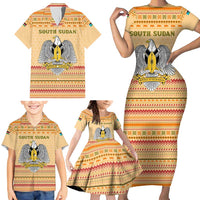 South Sudan Christmas Family Matching Short Sleeve Bodycon Dress and Hawaiian Shirt with Beige Tribal Pattern, National Emblem, and Green Star Motif - Wonder Print Shop