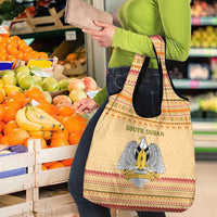 South Sudan Christmas Grocery Bag with Beige Tribal Pattern, National Emblem, and Green Star Motif - Wonder Print Shop