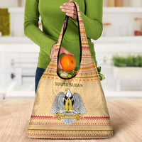 South Sudan Christmas Grocery Bag with Beige Tribal Pattern, National Emblem, and Green Star Motif - Wonder Print Shop