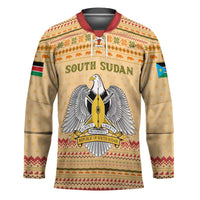 South Sudan Christmas Hockey Jersey with Beige Tribal Pattern, National Emblem, and Green Star Motif - Wonder Print Shop