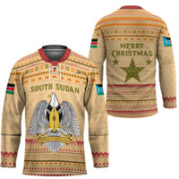 South Sudan Christmas Hockey Jersey with Beige Tribal Pattern, National Emblem, and Green Star Motif - Wonder Print Shop