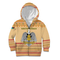 South Sudan Christmas Kid Hoodie with Beige Tribal Pattern, National Emblem, and Green Star Motif - Wonder Print Shop