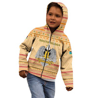South Sudan Christmas Kid Hoodie with Beige Tribal Pattern, National Emblem, and Green Star Motif - Wonder Print Shop