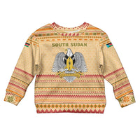 South Sudan Christmas Kid Ugly Christmas Sweater with Beige Tribal Pattern, National Emblem, and Green Star Motif - Wonder Print Shop