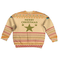 South Sudan Christmas Kid Ugly Christmas Sweater with Beige Tribal Pattern, National Emblem, and Green Star Motif - Wonder Print Shop