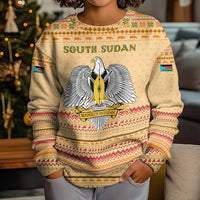 South Sudan Christmas Kid Ugly Christmas Sweater with Beige Tribal Pattern, National Emblem, and Green Star Motif - Wonder Print Shop