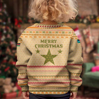 South Sudan Christmas Kid Ugly Christmas Sweater with Beige Tribal Pattern, National Emblem, and Green Star Motif - Wonder Print Shop