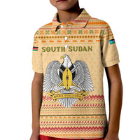 South Sudan Christmas Kid Polo Shirt with Beige Tribal Pattern, National Emblem, and Green Star Motif - Wonder Print Shop