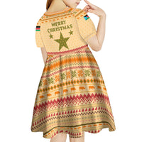South Sudan Christmas Kid Short Sleeve Dress with Beige Tribal Pattern, National Emblem, and Green Star Motif - Wonder Print Shop