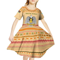 South Sudan Christmas Kid Short Sleeve Dress with Beige Tribal Pattern, National Emblem, and Green Star Motif - Wonder Print Shop