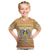 South Sudan Christmas Kid T Shirt with Beige Tribal Pattern, National Emblem, and Green Star Motif - Wonder Print Shop