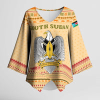 South Sudan Christmas Kimono Sleeve Blouse with Beige Tribal Pattern, National Emblem, and Green Star Motif - Wonder Print Shop