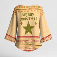 South Sudan Christmas Kimono Sleeve Blouse with Beige Tribal Pattern, National Emblem, and Green Star Motif - Wonder Print Shop