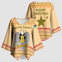 South Sudan Christmas Kimono Sleeve Blouse with Beige Tribal Pattern, National Emblem, and Green Star Motif - Wonder Print Shop