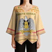 South Sudan Christmas Kimono Sleeve Blouse with Beige Tribal Pattern, National Emblem, and Green Star Motif - Wonder Print Shop