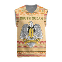 South Sudan Christmas Knitted V-Neck Vest with Beige Tribal Pattern, National Emblem, and Green Star Motif - Wonder Print Shop