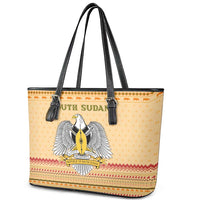 South Sudan Christmas Leather Tote Bag with Beige Tribal Pattern, National Emblem, and Green Star Motif - Wonder Print Shop