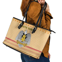 South Sudan Christmas Leather Tote Bag with Beige Tribal Pattern, National Emblem, and Green Star Motif - Wonder Print Shop
