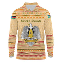 South Sudan Christmas Long Sleeve Polo Shirt with Beige Tribal Pattern, National Emblem, and Green Star Motif - Wonder Print Shop