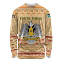 South Sudan Christmas Long Sleeve Shirt with Beige Tribal Pattern, National Emblem, and Green Star Motif - Wonder Print Shop