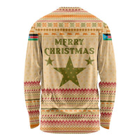 South Sudan Christmas Long Sleeve Shirt with Beige Tribal Pattern, National Emblem, and Green Star Motif - Wonder Print Shop