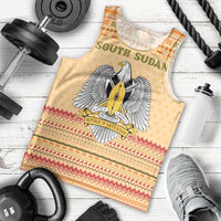 South Sudan Christmas Men Tank Top with Beige Tribal Pattern, National Emblem, and Green Star Motif - Wonder Print Shop