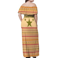 South Sudan Christmas Off Shoulder Maxi Dress with Beige Tribal Pattern, National Emblem, and Green Star Motif - Wonder Print Shop