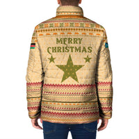 South Sudan Christmas Padded Jacket with Beige Tribal Pattern, National Emblem, and Green Star Motif - Wonder Print Shop