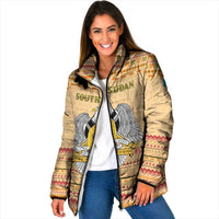 South Sudan Christmas Padded Jacket with Beige Tribal Pattern, National Emblem, and Green Star Motif - Wonder Print Shop
