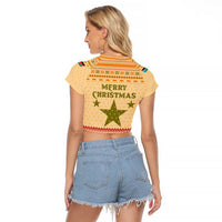 South Sudan Christmas Raglan Cropped T Shirt with Beige Tribal Pattern, National Emblem, and Green Star Motif - Wonder Print Shop