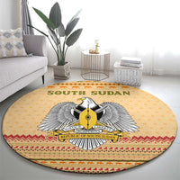 South Sudan Christmas Round Carpet with Beige Tribal Pattern, National Emblem, and Green Star Motif - Wonder Print Shop