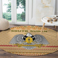 South Sudan Christmas Round Carpet with Beige Tribal Pattern, National Emblem, and Green Star Motif - Wonder Print Shop