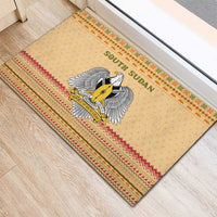 South Sudan Christmas Rubber Doormat with Beige Tribal Pattern, National Emblem, and Green Star Motif - Wonder Print Shop