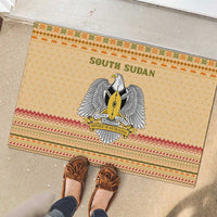 South Sudan Christmas Rubber Doormat with Beige Tribal Pattern, National Emblem, and Green Star Motif - Wonder Print Shop