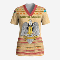 South Sudan Christmas Scrub Top with Beige Tribal Pattern, National Emblem, and Green Star Motif - Wonder Print Shop