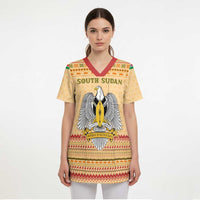 South Sudan Christmas Scrub Top with Beige Tribal Pattern, National Emblem, and Green Star Motif - Wonder Print Shop
