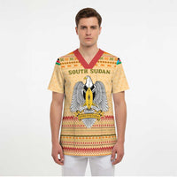 South Sudan Christmas Scrub Top with Beige Tribal Pattern, National Emblem, and Green Star Motif - Wonder Print Shop