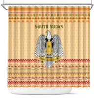 South Sudan Christmas Shower Curtain with Beige Tribal Pattern, National Emblem, and Green Star Motif - Wonder Print Shop