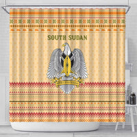 South Sudan Christmas Shower Curtain with Beige Tribal Pattern, National Emblem, and Green Star Motif - Wonder Print Shop