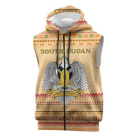 South Sudan Christmas Sleeveless Zip Hoodie with Beige Tribal Pattern, National Emblem, and Green Star Motif - Wonder Print Shop