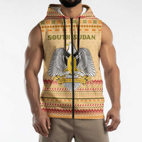 South Sudan Christmas Sleeveless Zip Hoodie with Beige Tribal Pattern, National Emblem, and Green Star Motif - Wonder Print Shop