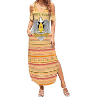 South Sudan Christmas Summer Maxi Dress with Beige Tribal Pattern, National Emblem, and Green Star Motif - Wonder Print Shop