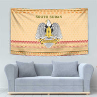 South Sudan Christmas Tapestry with Beige Tribal Pattern, National Emblem, and Green Star Motif - Wonder Print Shop