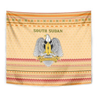 South Sudan Christmas Tapestry with Beige Tribal Pattern, National Emblem, and Green Star Motif - Wonder Print Shop