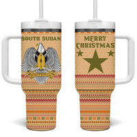 South Sudan Christmas Tumbler With Handle with Beige Tribal Pattern, National Emblem, and Green Star Motif - Wonder Print Shop