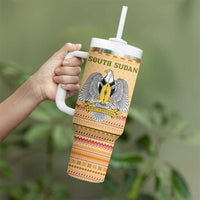 South Sudan Christmas Tumbler With Handle with Beige Tribal Pattern, National Emblem, and Green Star Motif - Wonder Print Shop