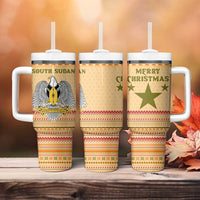 South Sudan Christmas Tumbler With Handle with Beige Tribal Pattern, National Emblem, and Green Star Motif - Wonder Print Shop